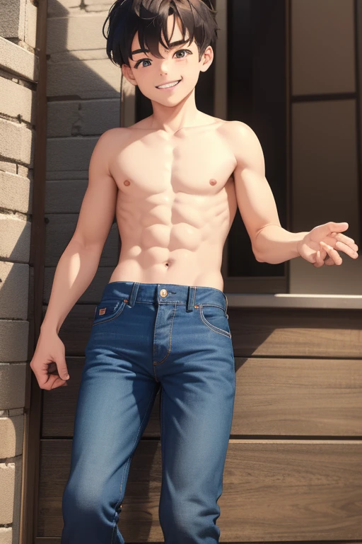 1 boy, little kid, Levi's 501 jeans, open fly, unbuttoned, unzipped, undone,  getting dressed, shirtless, inguinal canal, sagittal hair,  smiling, happy