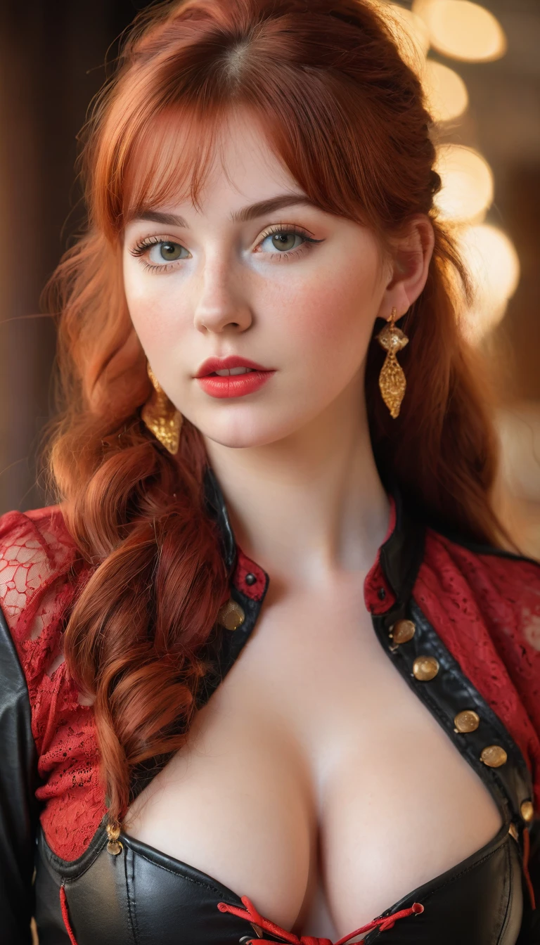 A young lady rs, with long red hair, wavy hair, tied in a side ponytail, with air bangs. She is wearing a red lace-up shirt. She is wearing leather pants. She has an hourglass figure. She is wearing gold earrings. Looking directly into the camera. She has fair skin, freckles, and braces, constricted pupils, parted lips, large breasts, perfect lips, perfect nose, cute face, baby facealism, cinematic lighting, jpeg artifacts, full body photo, bokeh, textured skin, UHD, best quality, masterpiece, high details