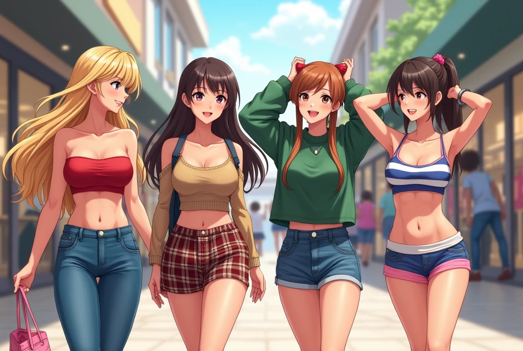 a group of anime girls shopping at a mall
1. the first girl is wearing a strapless red tube top that exposes her midriff and cleavage, and is almost slipping with jeans and long blonde hair.
2. the second girl has short brown hair and wearing baggy green sweater and a plaid miniskirt.
3. the third girl has long black hair wearing a tight sleeveless blue and white horizontal striped dress with straps and blue hairband.
4. the fourth girl has a sun kissed complexion and brown ponytail hair with pink sports bra that exposes her midriff along with shorts, the fourth raises and rests her hands behind her head and exposing both her armpits.
they're all chatting to each other.