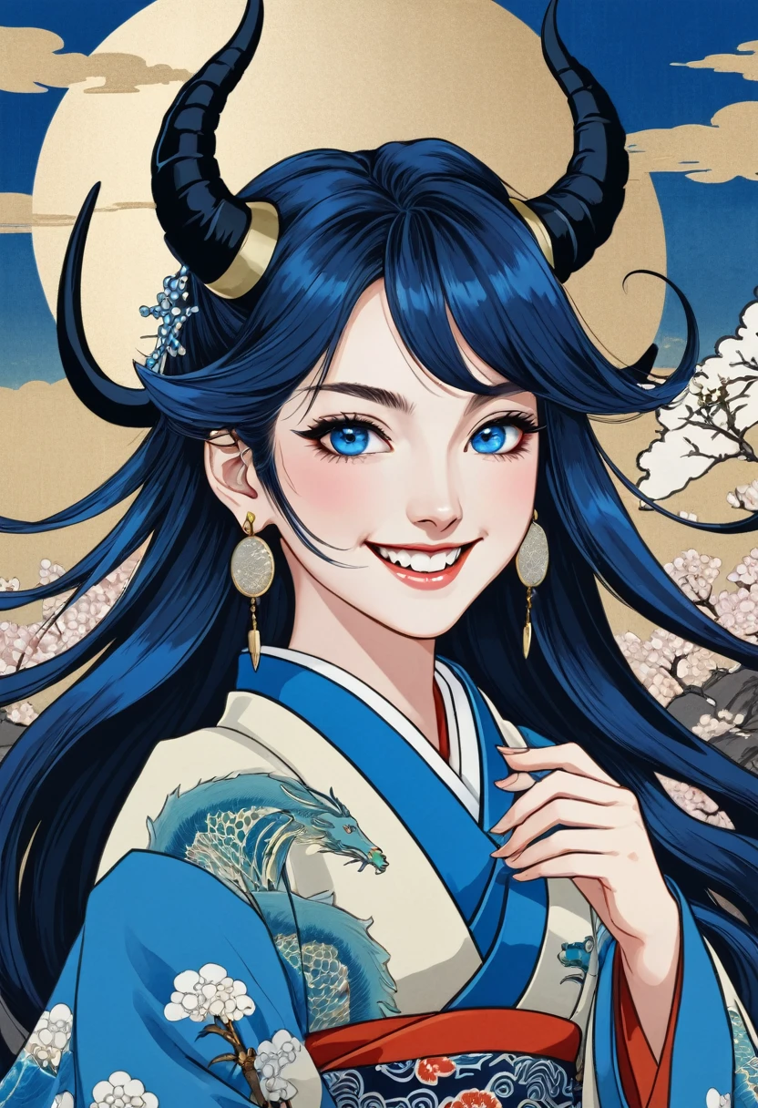 High resolution, smile, Earrings, Ukiyo-e, Horns of the beast, Blue Eyes、tooth, Long Hair, Background New York