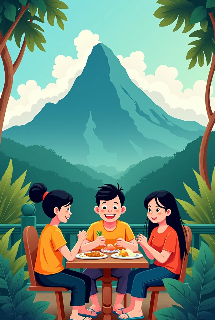 People cartoon 2d eating peacefully and kota Kinabalu mountain sabah as a background and make it estetik