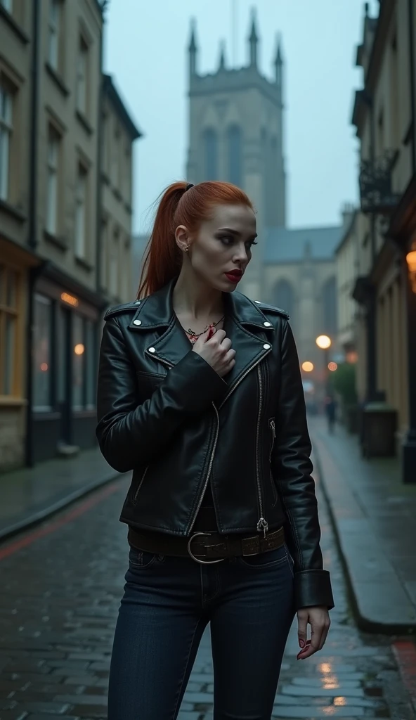 An English vampire with pale skin and auburn hair pulled into a sleek ponytail, her mouth stained with blood as she wipes it away with the back of her hand. She is dressed in a modern leather jacket and jeans, standing in the middle of a deserted cobblestone street. The setting is a misty night in the old town of York, with the towering York Minster in the background, its gothic spires barely visible through the fog. She has just fed, her eyes scanning the silent streets for more prey.