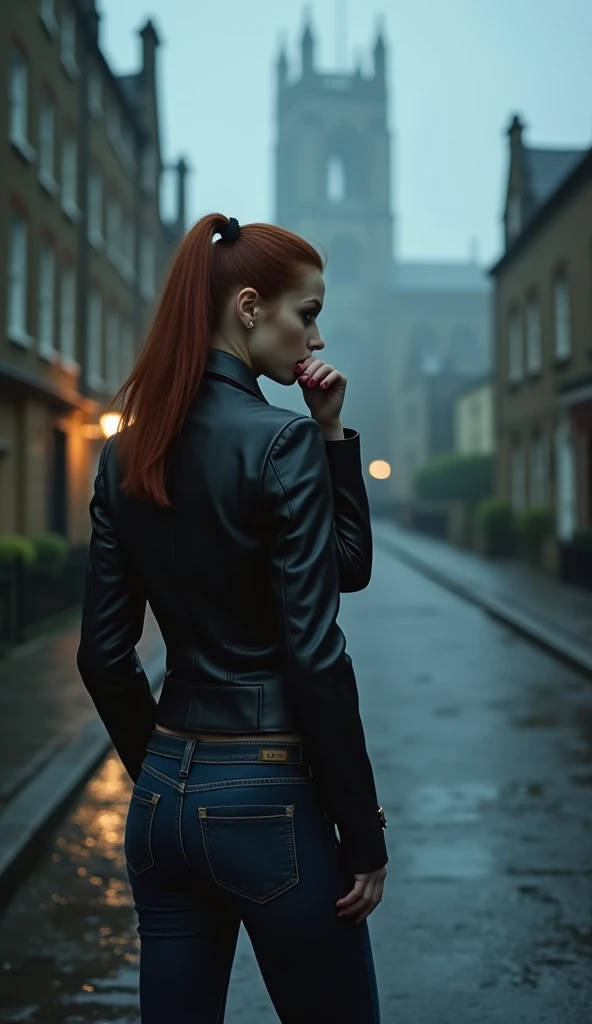 An English vampire with pale skin and auburn hair pulled into a sleek ponytail, her mouth stained with blood as she wipes it away with the back of her hand. She is dressed in a modern leather jacket and jeans, standing in the middle of a deserted cobblestone street. The setting is a misty night in the old town of York, with the towering York Minster in the background, its gothic spires barely visible through the fog. She has just fed, her eyes scanning the silent streets for more prey.