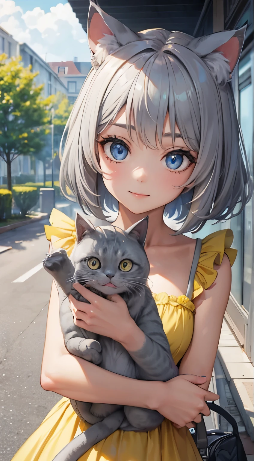 (masterpiece), (best quality), (High quality), (perfect anatomy), BREAK, expressive eyes, perfect face, 1girl, (grey cat ears: 1.5), BREAK, (medium hair, grey hair: 1.5, pixie cut), BREAK, (big eyes, perfect eyes, blue eyes, thick eyelashes), BREAK, (thin eyebrow), BREAK, (short height), slim bulid, BREAK, smiling, BREAK, (medium breasts), BREAK, (yellow sundress: 1.5), (sandals), BREAK, (portrai, selfie: 1.4, upper body), BREAK, (view from front: 1.5), (nature, park), BREAK, (camera at face height, face_focus), looking at the camera, (peace sign: 1.3)