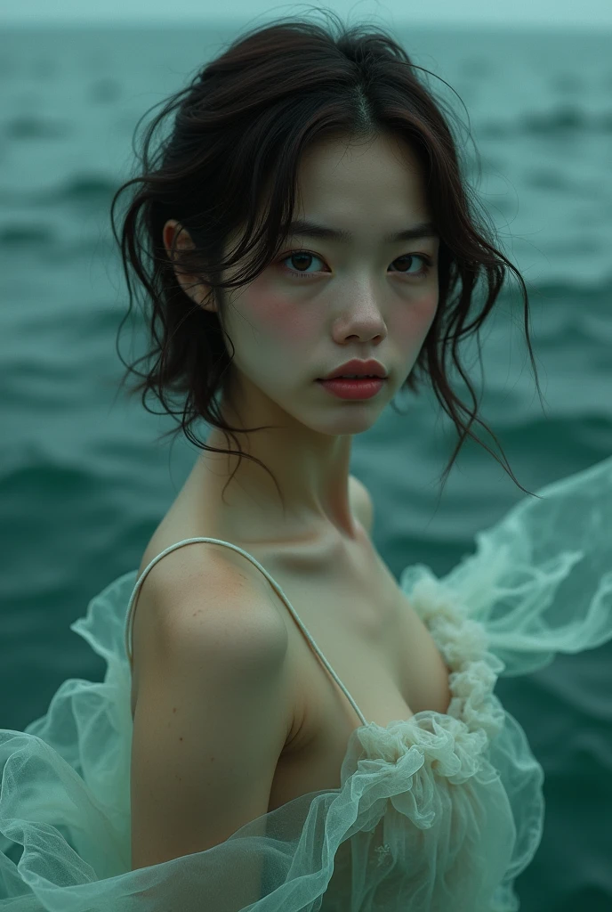 (masterpiece, top quality), ((one woman 35yo, one, short hair, looks ahead)), Ishmael_edge, Innocent look, Bare arms, Bare shoulders, Bare neck, water, sundress, Liquid clothes, water, Wave, water dress, green_theme, night, fog, dark, Sharp focus, ocean, Transparent dress, braun hair