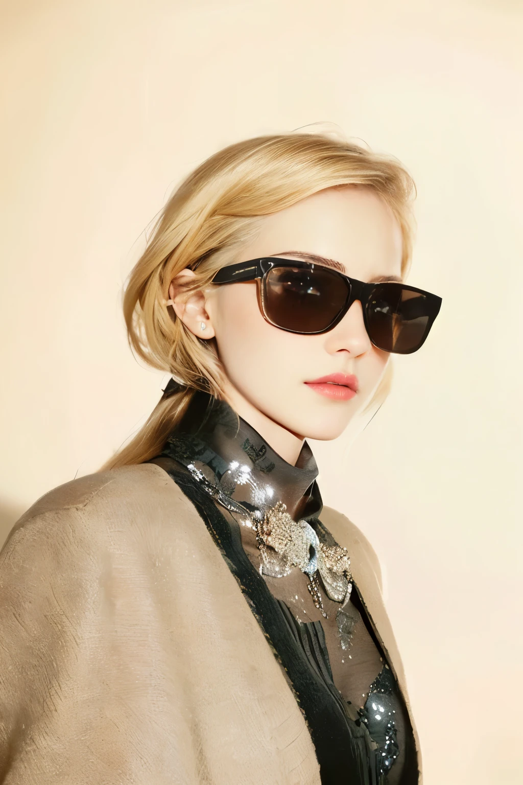 blond woman with sunglasses and a black tie posing for a picture, with sunglass, with sunglasses, emma watson modeling for gucci, by Silvia Pelissero, short slicked - back hair, very short slicked - back hair, sleek!!!, gucci glasses, in style of britt marling, wearing versace sunglasses, elize theron, wear ray - ban glass