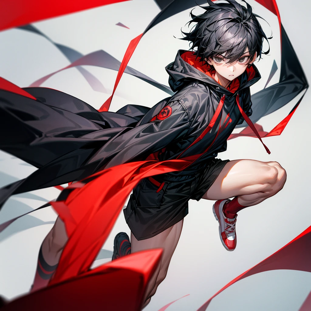 A boy with black hair ,black eyes ,wear a short-sleeved and hooded jacket ,black and red shirt,Wear shorts that go past the knee and have lots of pockets and straps. ,white and red shoes 