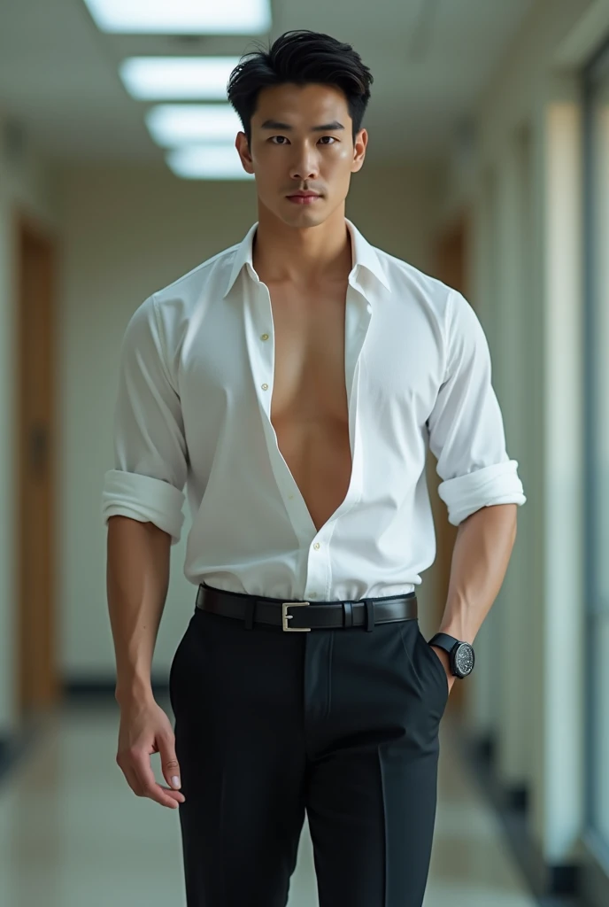 Korean gentleman,super big breasts ,teacher,shiny tight clothes, tanned skin,clean shave,walk the hallway,Handsome and elegant,wear glasses, sexy , Masculine and handsome,musculous,Muscles look good,,, Full body photo,(ultra-detailed, photorealistic, best quality, 4k, 8k, highres, masterpiece:1.3),charming and distinguished , (muscular build body), wearing tailored shiny dress light colored shirt, sweat, unbutton buttons shirt, lewd face ,tight chest, sex,See-through shirt, erotic, horny, , Accessories include a luxury wristwatch, in school,looking at viewer,muscle veins,no underwear ,Tight shirt makes muscle,unbutton,six pack,