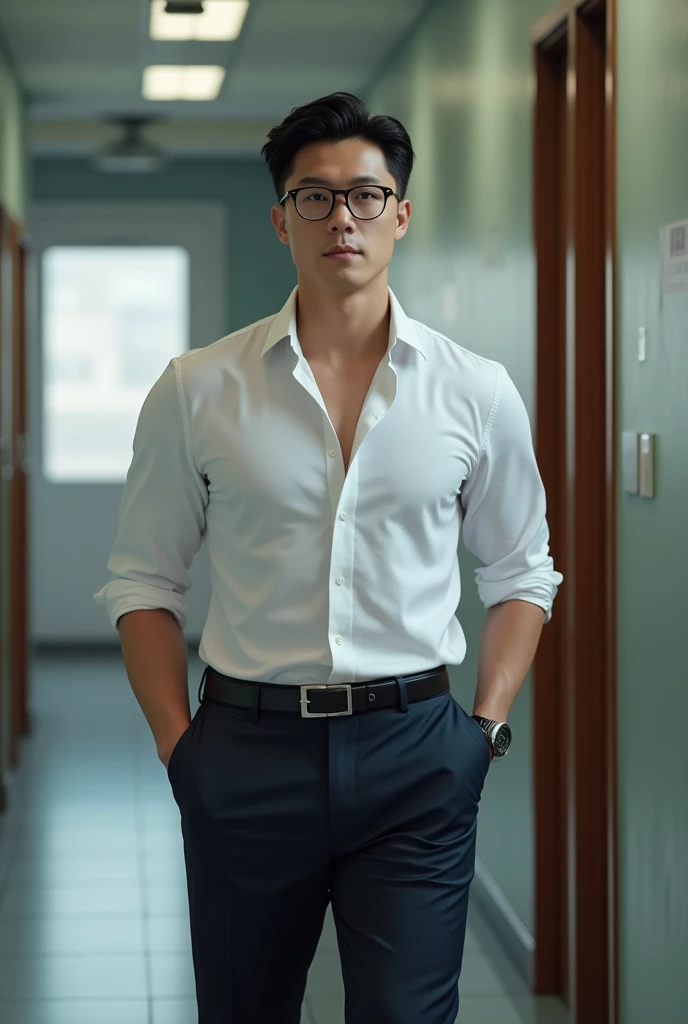 Korean gentleman,super big breasts ,teacher,shiny tight clothes, tanned skin,clean shave,walk the hallway,Handsome and elegant,wear glasses, sexy , Masculine and handsome，musculous，Muscles look good,,, Full body photo,(ultra-detailed, photorealistic, best quality, 4k, 8k, highres, masterpiece:1.3),charming and distinguished , (muscular build body), wearing tailored shiny  dress light colored shirt,  sweat, unbutton buttons shirt, lewd face ,tight chest, sex,See-through shirt, erotic, horny, , Accessories include a luxury wristwatch, in school‎,looking at viewer,muscle veins,no underwear ,Tight shirt makes muscle,unbutton,six pack,