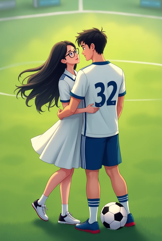 A woman and man standing in football ground looking at each lovingly and hugging each other.woman is wearing a dress and glasses.she has black hair .man is wearing a white and blue 32 number jersey. Man is 1 feet taller than girl. Man one foot standing on soccer ball . Make girl wear sports shoes and white dress