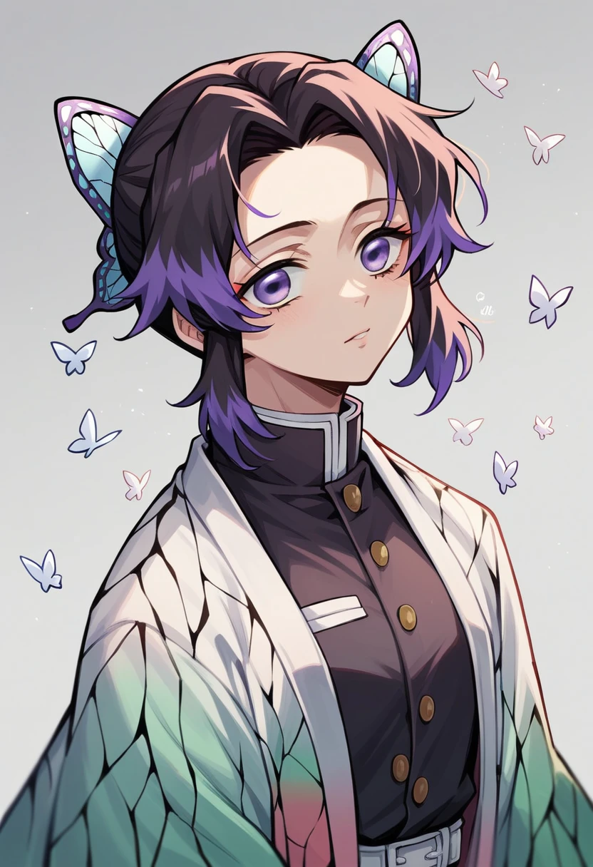 A striking depiction of Shinobu Kochō from Demon Slayer: Kimetsu no Yaiba. Brown and purple hair, White butterfly patterned robe