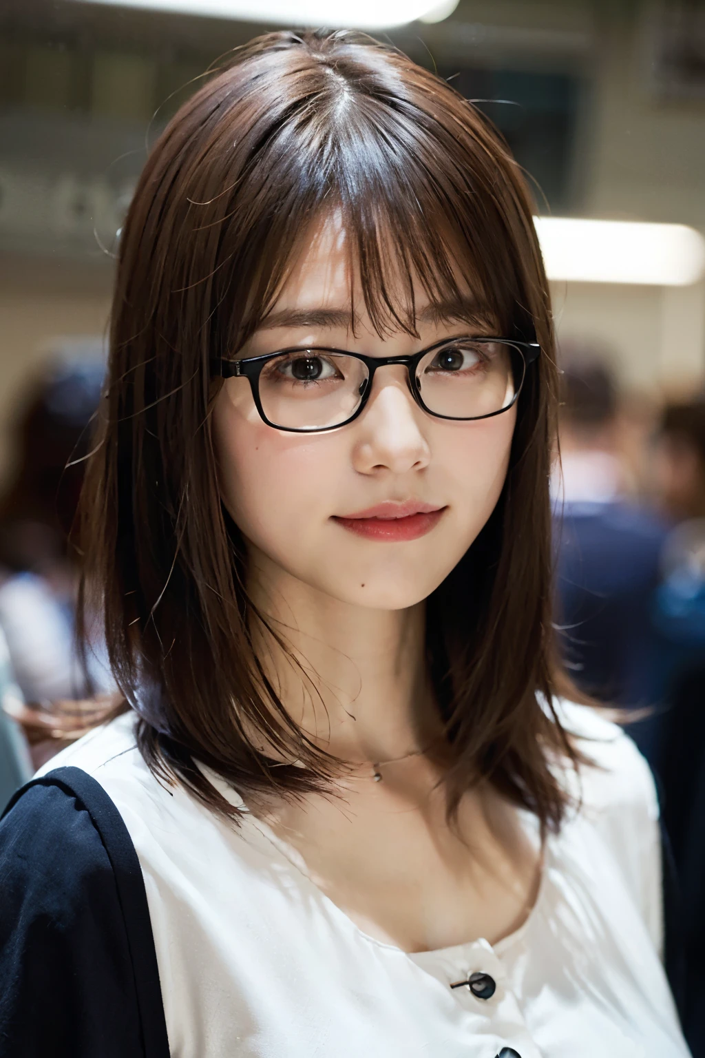 (8K、Raw photography、top-quality、masterpiece:1.2)、(realisitic、Photorealsitic:1.37)、ultra-detailliert、超A high resolution、1人、see the beholder、beautifull detailed face、A smile、Constriction、(Slim waist) :1.3)、short-cut、Beautiful detailed skin、Skin Texture、Floating hair、Professional Lighting、Wait for the platform train、Black-rimmed square glasses 、Whole human body、Brown hair