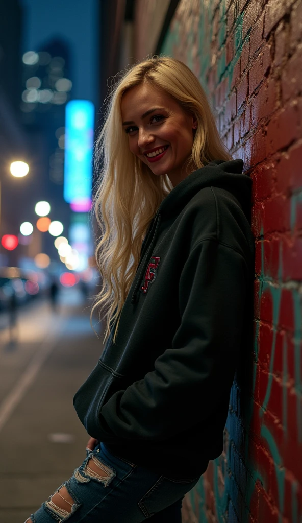 An American vampire woman with fair skin and long, blonde hair, blood dripping from her lips as she grins wickedly. She wears a modern, dark hoodie and ripped jeans, blending into the urban environment. The setting is a deserted alley in New York City at night, with towering skyscrapers and distant neon lights casting long shadows. She leans against a graffiti-covered wall, having just fed on an unsuspecting passerby, the city’s noise muted in the darkness.