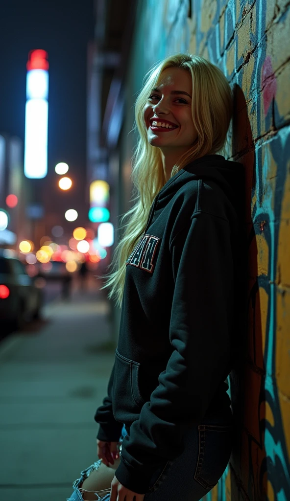 An American vampire woman with fair skin and long, blonde hair, blood dripping from her lips as she grins wickedly. She wears a modern, dark hoodie and ripped jeans, blending into the urban environment. The setting is a deserted alley in New York City at night, with towering skyscrapers and distant neon lights casting long shadows. She leans against a graffiti-covered wall, having just fed on an unsuspecting passerby, the city’s noise muted in the darkness.