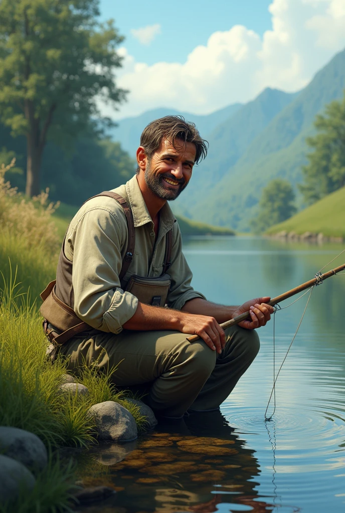 need an image of a man fishing in the pond with a scenery view seeing smile in his realistic textured skin i want this image is realistic
