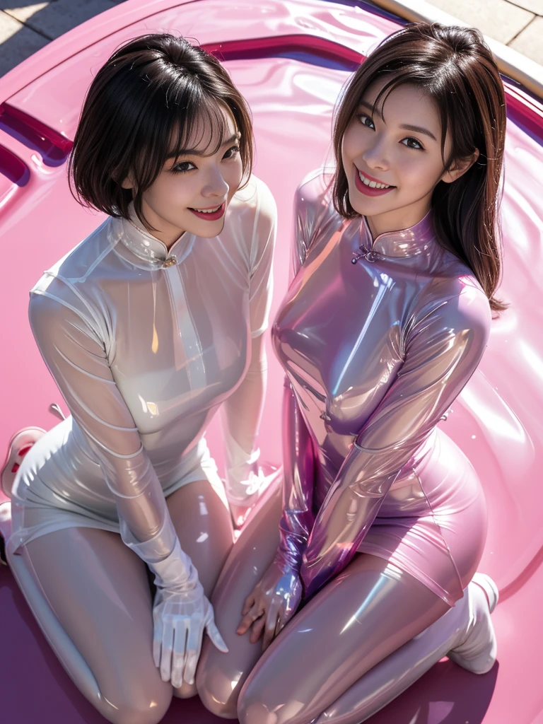 NSFW、sexy asian fashion model、glossy transparent lipstick、smiling face、defined eyebrows、natural makeup、full body Esbian、business latex dress（neon pink）、Colorful hair