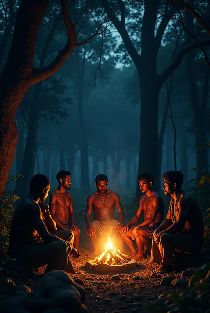 A dense forest at night, lit only by the light of a campfire. Ngungunhane is meeting with his advisors, with a tense atmosphere. One of the counselors, with a furtive glance, watch out, where Portuguese warriors hide."