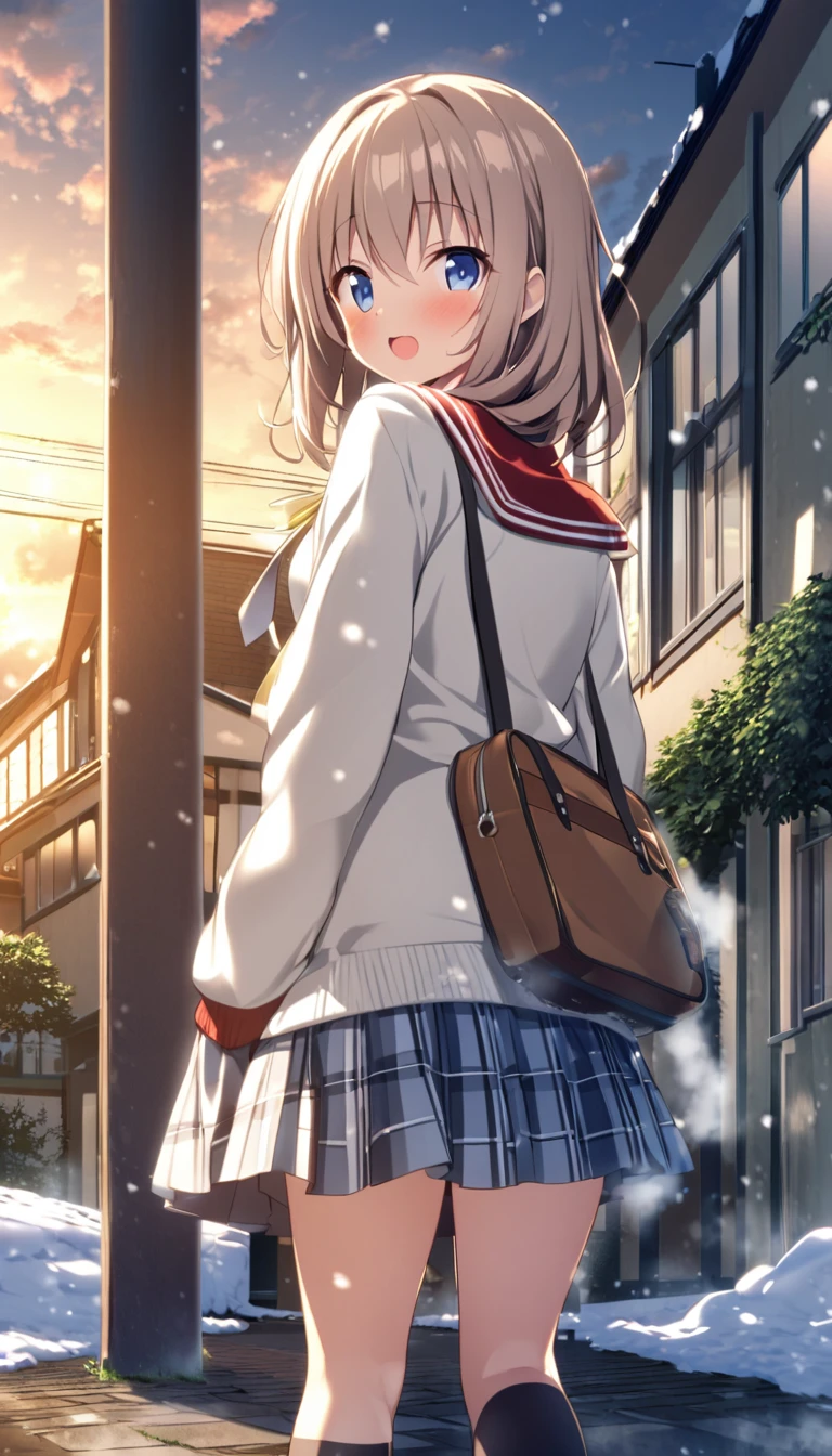 One Woman、beautiful girl、after school、evening、high school girl、School、Back of the school building、winter、Keyaki Tree々、Snow all over、it's snowing、Snowfall、Blazer Uniform、Pleated skirt、Duffle coat、Scarf、Black knee-high socks、Long Hair、Scarfを着用する、Highest quality、Ultra HD、 Black Pantyhose、Thick thighs、Big Ass、Black Hair、Black panties、Surprised expression