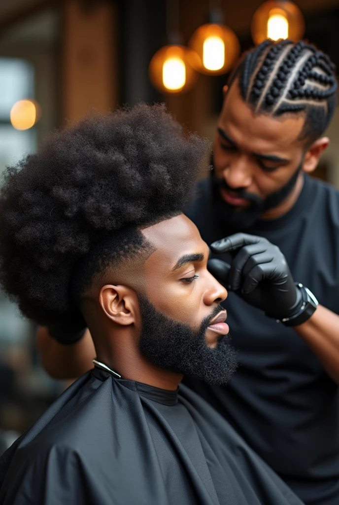 Tall dark-haired barber with braided roots ,giving a nudread afro cut to a black man with a beard, focusing on the client's face with the front image