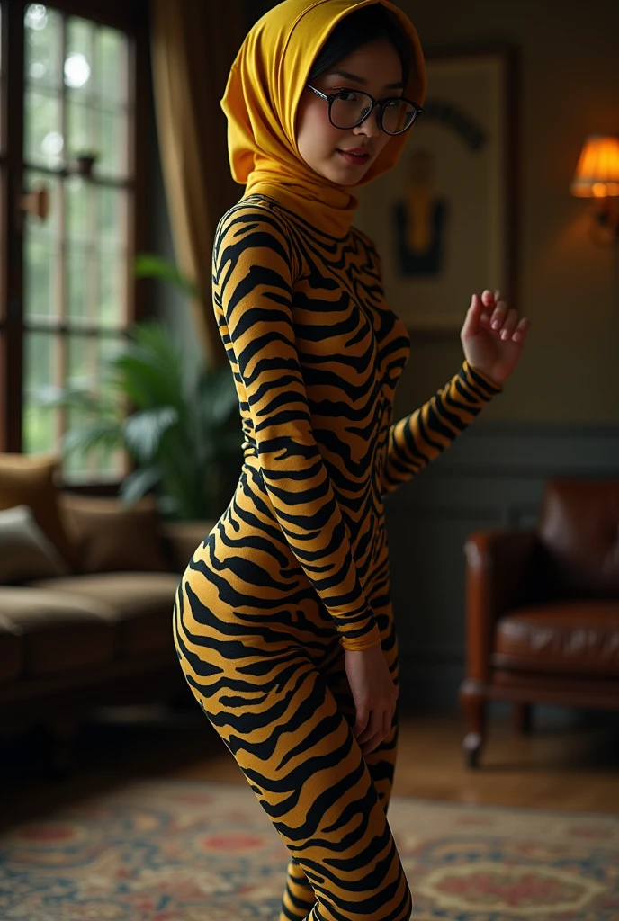 A most beautiful and thin 29 years old chinese contortion girl wearing a glasses wears yellow tiger Lycra turtleneck unitard catsuit covered with seamless black tiger paterns.She always wear tiger Lycra dancewear hijab-like hood.She has beautiful cheeks on her face.She is take part for contortion performance.She performs contortion in the house.