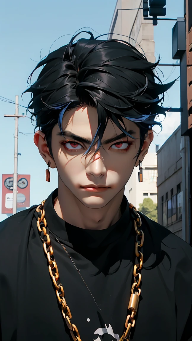 highest quality, 8K, high resolution image, anime style Jujutsu Kaisen, dark skin, (Cú Chulainn (Alter) | Fate | FGO ) detailed strokes, crazy look, piercing gaze, out of focus, blue light is reflected from it, (close angle), 1 man, young, male, model, hand in pocket, cool guy, multicolored background with various geometric shapes, all around stickers, muscular, Blue hair, red eyes, blue hair, hair between the eyes, highlighted hair, puffy chest, he is wearing a black Sweater, black gloves, sweatpants, gold link chain, Hand in the Pocket, background: he ist standing, big city, streets, park, people, blue sky, cars, bicycle