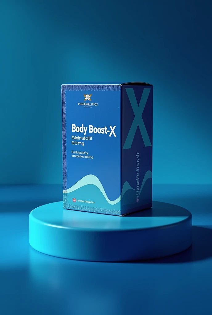 I need a package for a drug use a deep blue abd light blue colour combo. ZENITH pharmaceuticals shoukd be at the top with a company logo clear. Then the body Boost-X followed by sildenafil 50mg. Don't make the pack big small and easy to carry it will contain only 4 tablets please do it right