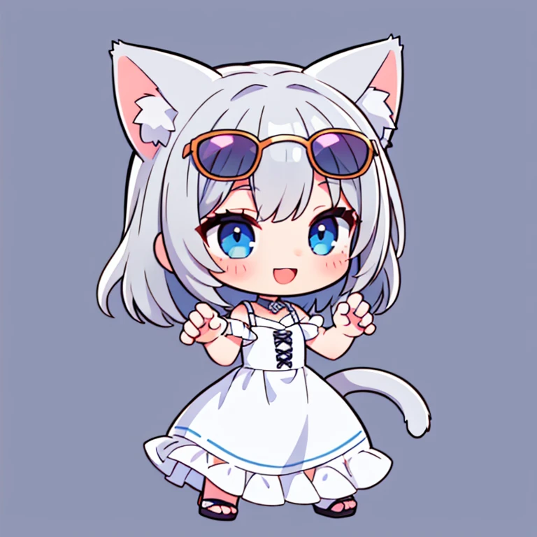 1 girl, cute, Chibi Character, Cat ear, ((Gray Hair)), Medium Hair, White midi dress, Blue Eyes, ((sunglasses)), (Cat Pose:1.3), (smile:1.3), (Open your mouth:1.3), Full Body Shot, ((Highest quality)), ((masterpiece)), (Detailed), Perfect Face, Perfect Arms, (Perfect hands), (Perfect Fingers), anime, Ultra-fine illustration,