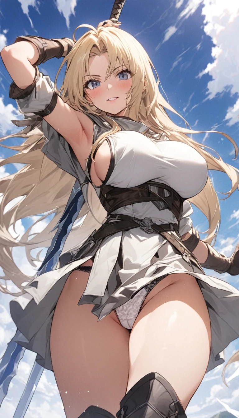 Ultra-high definition image quality、beautiful girl、Female Swordsman、Light Armor、Greeboots、Long Hair、blonde、20-year-old、have confidence々face、Very short tight skirt、Sexy stance、Cowgirl、wilderness、Highest quality,Big Ass、Big Breasts、Thighs、Grasping the hilt of the holy sword Excalibur、Pure white, luxuriously decorated panties、Jump with big strides and kicking off with your feet、Joan of Arc style clothing、Wind King Barrier、Her hair is fluttering in the wind、The Sword of Promised Victory、god々Wearing a new aura、Big Ass、Valkyrie the War Maiden、Crotch close-up、Angle from directly below