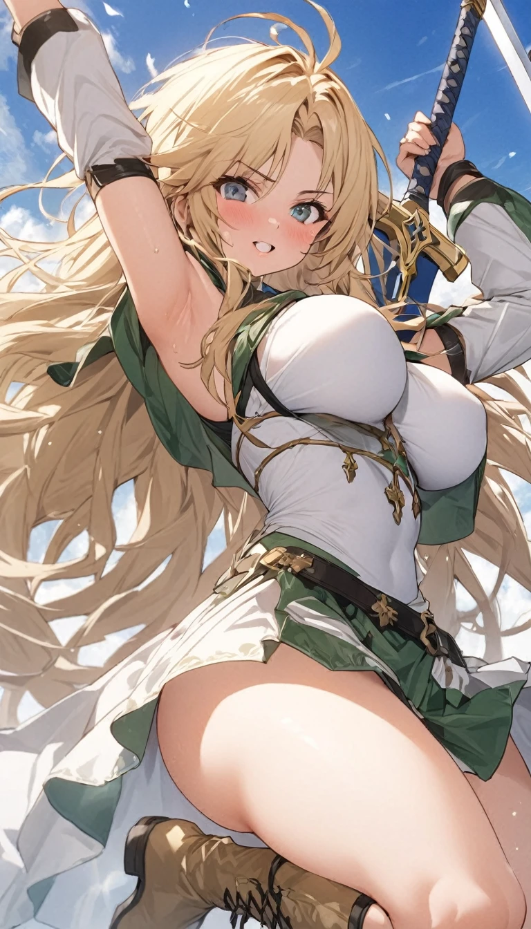 Ultra-high definition image quality、beautiful girl、Female Swordsman、Light Armor、Greeboots、Long Hair、blonde、20-year-old、have confidence々face、Very short tight skirt、Sexy stance、Cowgirl、wilderness、Highest quality,Big Ass、Big Breasts、Thighs、Grasping the hilt of the holy sword Excalibur、Pure white, luxuriously decorated panties、Jump with big strides and kicking off with your feet、Joan of Arc style clothing、Wind King Barrier、Her hair is fluttering in the wind、The Sword of Promised Victory、god々Wearing a new aura、Big Ass、Valkyrie the War Maiden、Crotch close-up、Angle from directly below