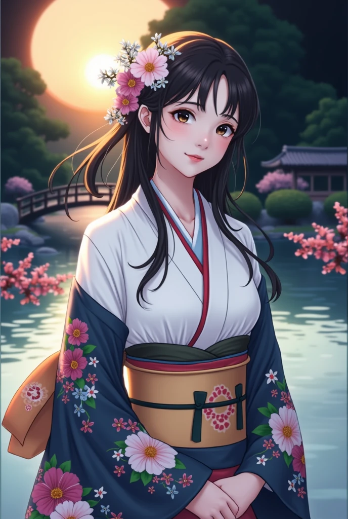 (masterpiece、Highest quality、8k、High resolution)、Traditional Japanese beauty in kimono、Floral pattern on white background、Vibrant colors、Japanese garden、There is a pond、Colorful flowers、Vibrant colors、Cherry Blossom、There is a drum bridge、A complete portrayal、Detailed anime art、