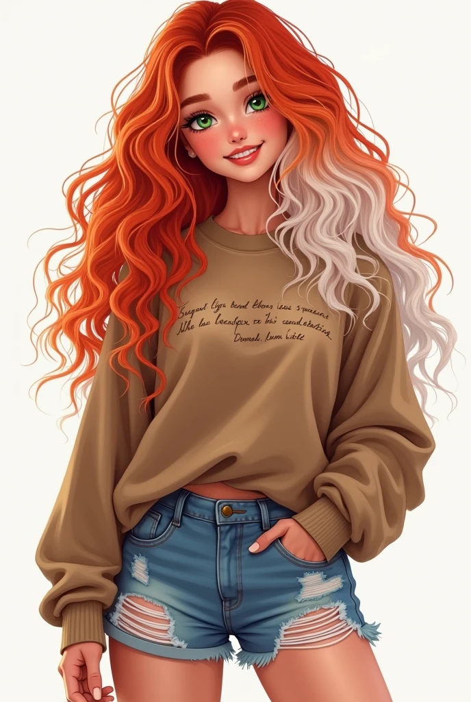 A digital drawing of a 20 year old woman with long wavy and curly red and white hair with green eyes and a blushing face smiling and wearing a brown sweater with small letters written on it and ripped denim shorts and white sneakers As if it were a digital drawing