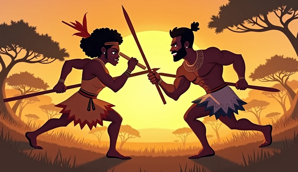 Generate me an image of two 3d cartoon african american characters fighting with spears in an african savannah