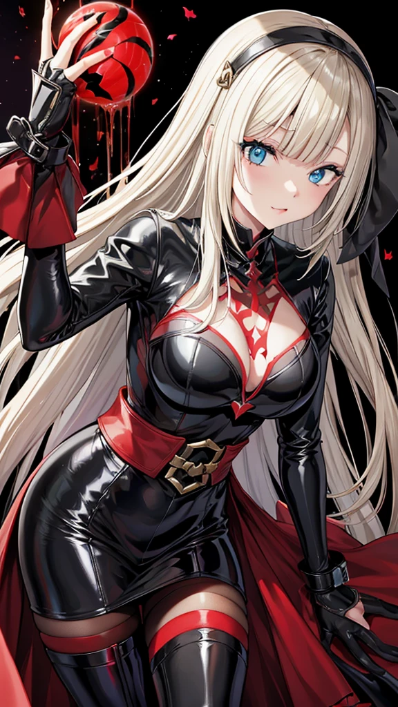 Latex black outfit、Dark Side、evil堕ち、Fall into Darkness、evil、邪evilなにやけ顔、Red and black background、Blonde、tall、adult、lure