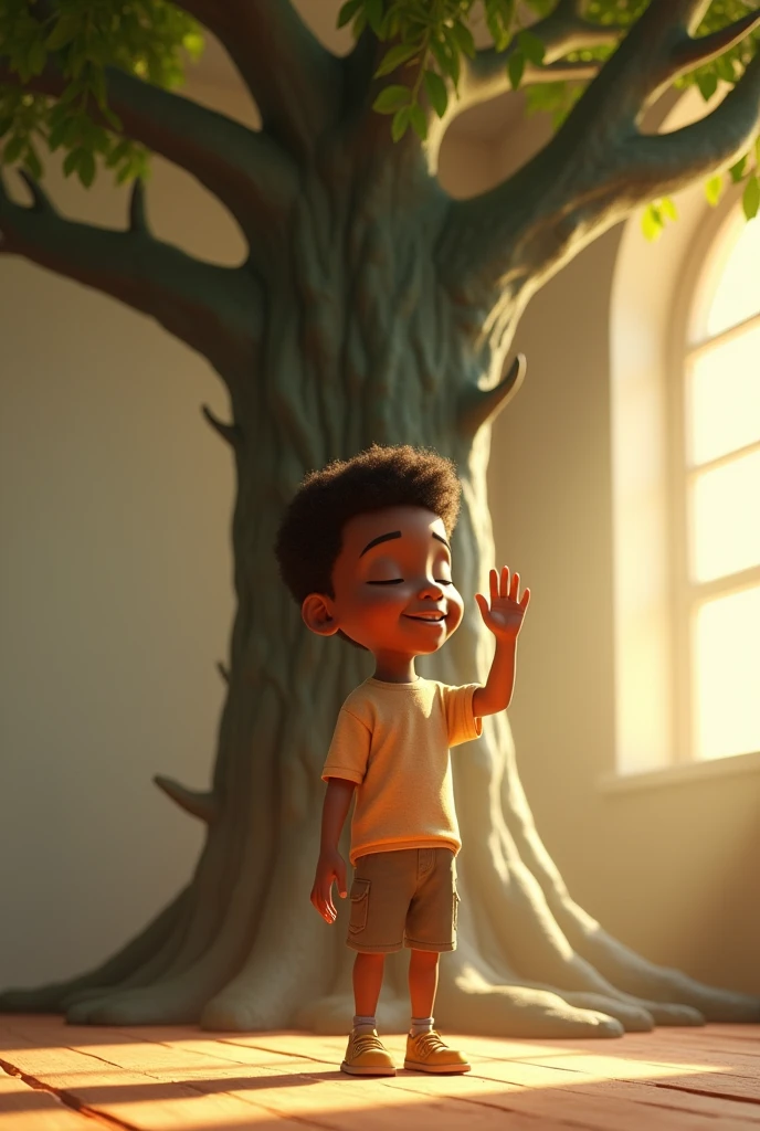 arafed image of a young african american boy standing in a room, close eyed, standing , touching a very big tree, pixar character, pixar renderman render, pixar octane render, pixar. octane render, as a pixar character, pixar portrait 8 k photo, depicted as a pixar character, pixar render, ideal pixar character, 3d model pixar render, render in pixar, by Pixar, pixar 3d render, facing the viewer