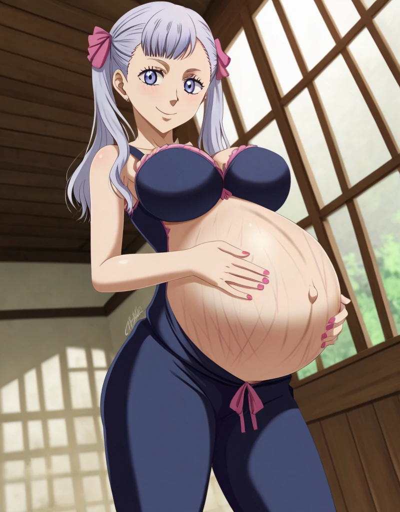 noelle_blackclover, Noelle Silva, Black Clover, long silver hair, waist-length hair, half-up half-down hairstyle, ribbon, soft waves, side-parted bangs, almond-shaped blue eyes, high-quality, ultra-detailed, beast quality, 8K resolution,
looking at viewer, dutch angle, cowboy shot, smile, pregnant belly, large belly, big belly, big Breasts, Stretch marks,
1girl,solo, indoors, happy, Smiling, rub belly,
full body, Nail polish,