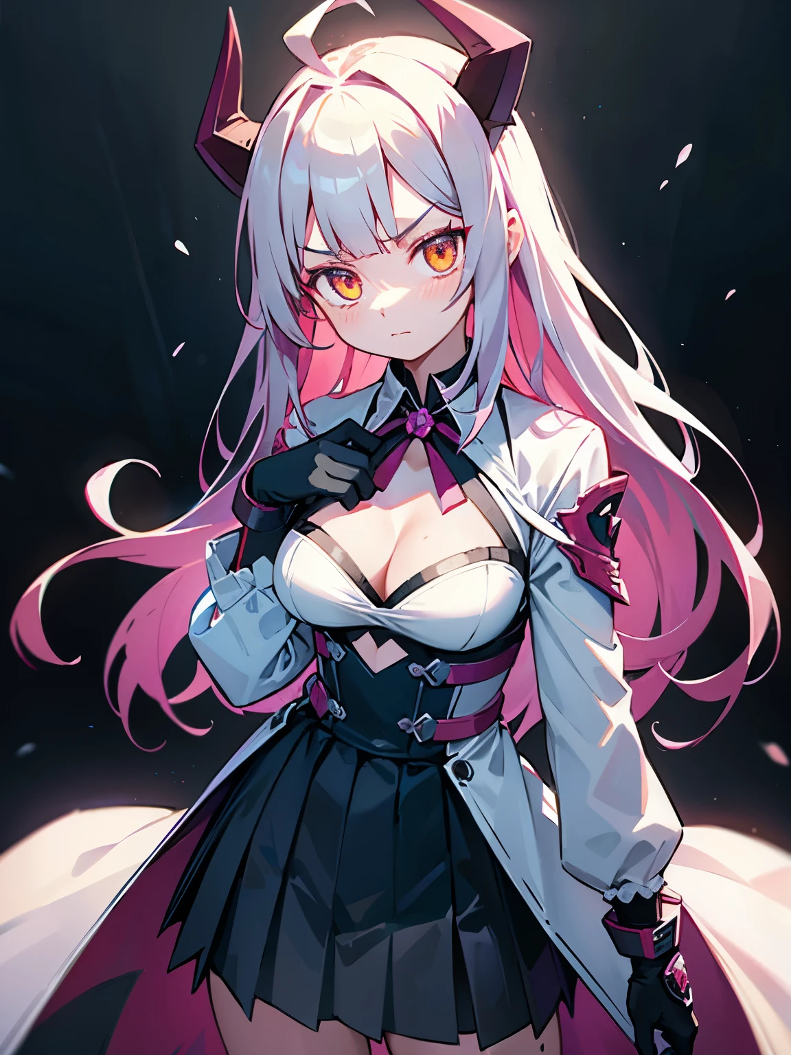 1girl, solo, orange_eyes, long_hair, rating:s, cleavage cutout, cleavage, side_boobs, armor,looking_at_viewer, bangs, horns, ahoge, breasts, long_sleeves, white coat,serious, sword, eyebrows_visible_through_hair, blush, gloves, shirt, magenta_hair, silver_shirt, skirt, ribbon, medium_breasts, long_hair, closed_mouth, cowboy_shot, depth_of_field, blunt_bangs, simple backgroud, perfect hand
