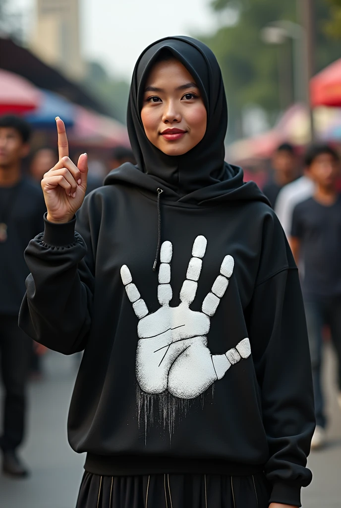 A indonesian pretty girl, wearing a hoodie with a strong vector design featuring a silhouetted image of a five-fingered palm in white colour with love and light. The phrase "ELENG LIMO OJOK SAMPEK LALI" in down, is displayed in bold simple elegand, distressed typography with pastel colours, while holding her long skirt, hijab, one-handed pose pointing upwards, in a public place, surrounded by many men, big and sexy breasts, jav idol, with a frontal shooting angle, very realistic, (complex detail: 0.9), (hdr, hyperdetail: 1.2), RAW, Sony Alpha a9 II, 24-105mm f/4, HDR,