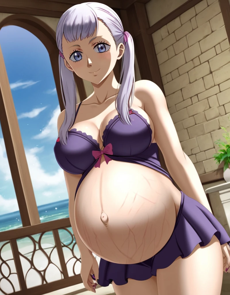 noelle_blackclover, Noelle Silva, Black Clover, long silver hair, waist-length hair, half-up half-down hairstyle, ribbon, soft waves, side-parted bangs, almond-shaped blue eyes, high-quality, ultra-detailed, beast quality, 8K resolution,
looking at viewer, dutch angle, cowboy shot, smile, pregnant belly, large belly, big belly, big Breasts, Stretch marks,
1girl,solo, indoors, happy, Smiling, rub belly,
full body, Nail polish,