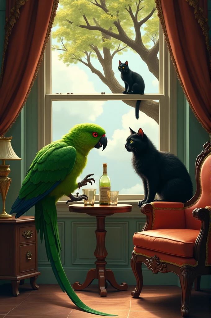 Green parrot in the room attacks a black cat who is sitting on a tree across the window