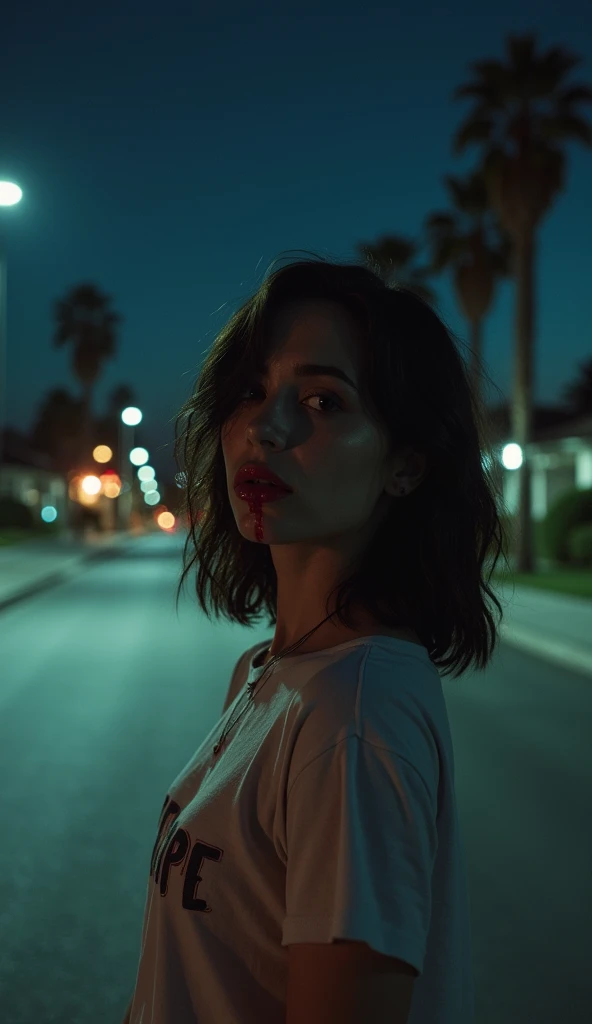 An American vampire with light skin and dark, shoulder-length hair, her lips smeared with blood that drips onto her casual t-shirt. She stands in the middle of a quiet suburban street in Los Angeles, the palm trees lining the road casting eerie shadows under the dim streetlights. The night is silent, with the distant glow of the city on the horizon. She has just fed, her eyes cold and calculating as she looks down the empty street, ready to continue her hunt.