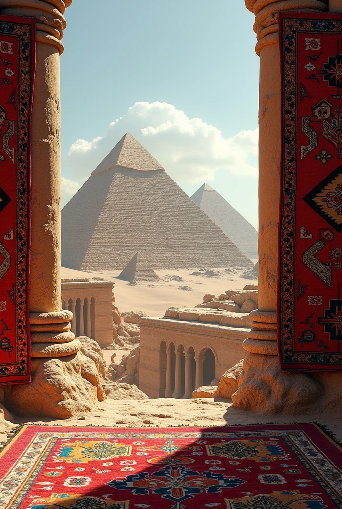 Egypt pyramids view filled with rugs