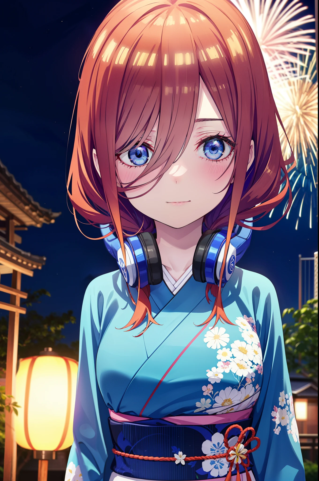 Miku Nakano, miku nakano, Long Hair, bangs, blue eyes, Brown Hair, shirt, Hair between the eyes, Headphones around neck,hair tied back,Flower Hair Ornaments,smile,blush,Blue Kimono,Fireworks in the night sky,Fireworks,The place is a fireworks display,Time is night,sunny day,日本のfestival,夏festivalの屋台,Red lantern,whole bodyがイラストに入るように,
break outdoors, garden,festival,
break looking at viewer, whole body, (Cowboy Shot:1. 5),
break (masterpiece:1.2), Highest quality, High resolution, unity 8k wallpaper, (figure:0.8), (Beautiful attention to detail:1.6), Highly detailed face, Perfect lighting, Highly detailed CG, (Perfect hands, Perfect Anatomy),