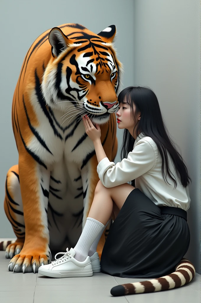 created a very real 3D painting image, a beautiful 17 year old long
I have some hid
created a very real 3D painting image, a beautiful 17 year old long-haired Japanese woman, wearing a long-sleeved white shirt, long black plisket skirt, shorts, long white socks and sneakers, looking forward with a sharp gaze, sitting and leaning on the body of a A giant tiger with a ferocious face, sharp fangs with a wild gaze, gently stroking the tiger's body, the background is a white and gray wall, an image with a touch of 3D quality, cinematic, photographic