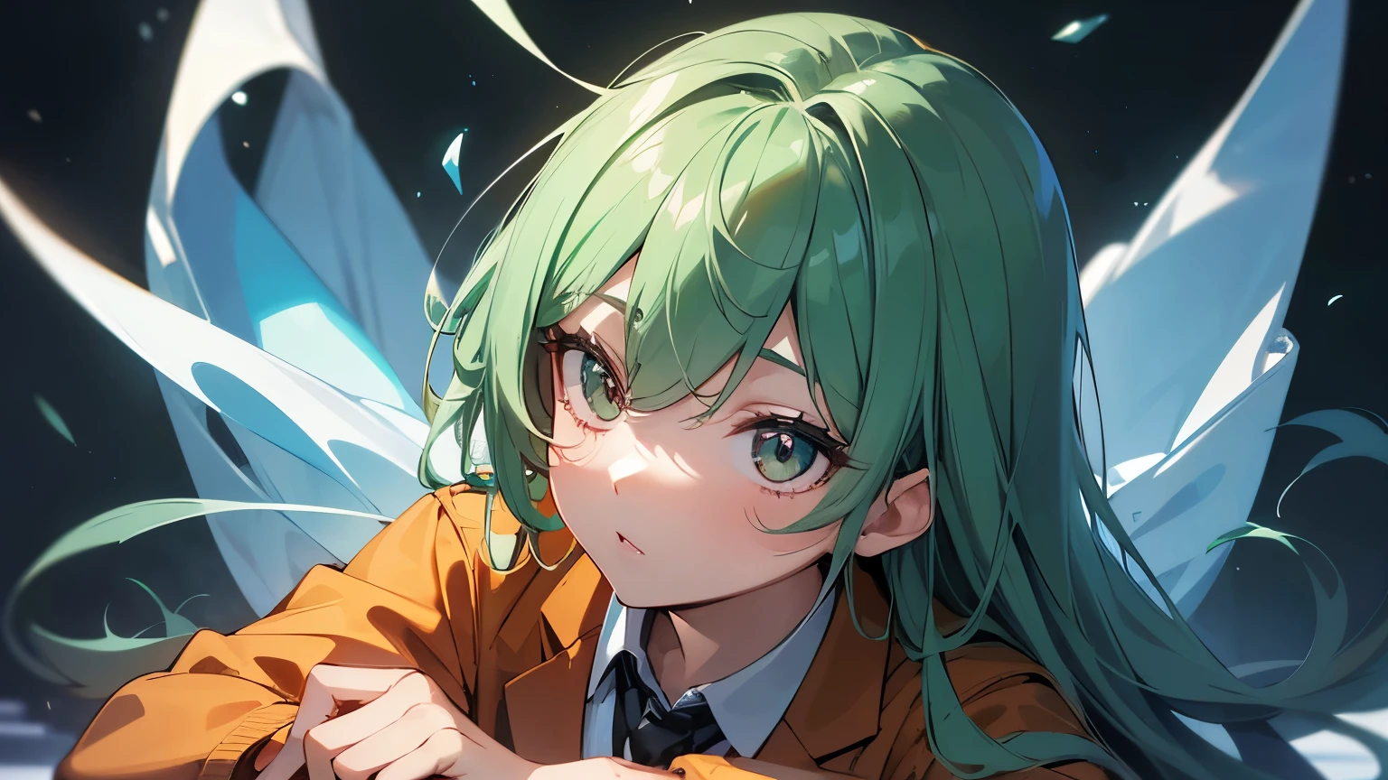 One person, , UHigh resolution, retina, masterpiece, Accurate, Anatomically correct, Textured skin, Super Detail, Attention to detail, high quality, Awards, 最high quality, High resolution, High resolution, 4K,(anime,8k,masterpiece, 最high quality, 最high quality,beautifully、aesthetic:1.2,Professional illustrations:1.1,Super detailed:1.3,Perfect lighting),Very detailed,Most detailed,Incredibly absurd,High resolution,Super detaileded,Complex:1.6, Cute pose,Green Hair,Orange jacket,White collar shirt