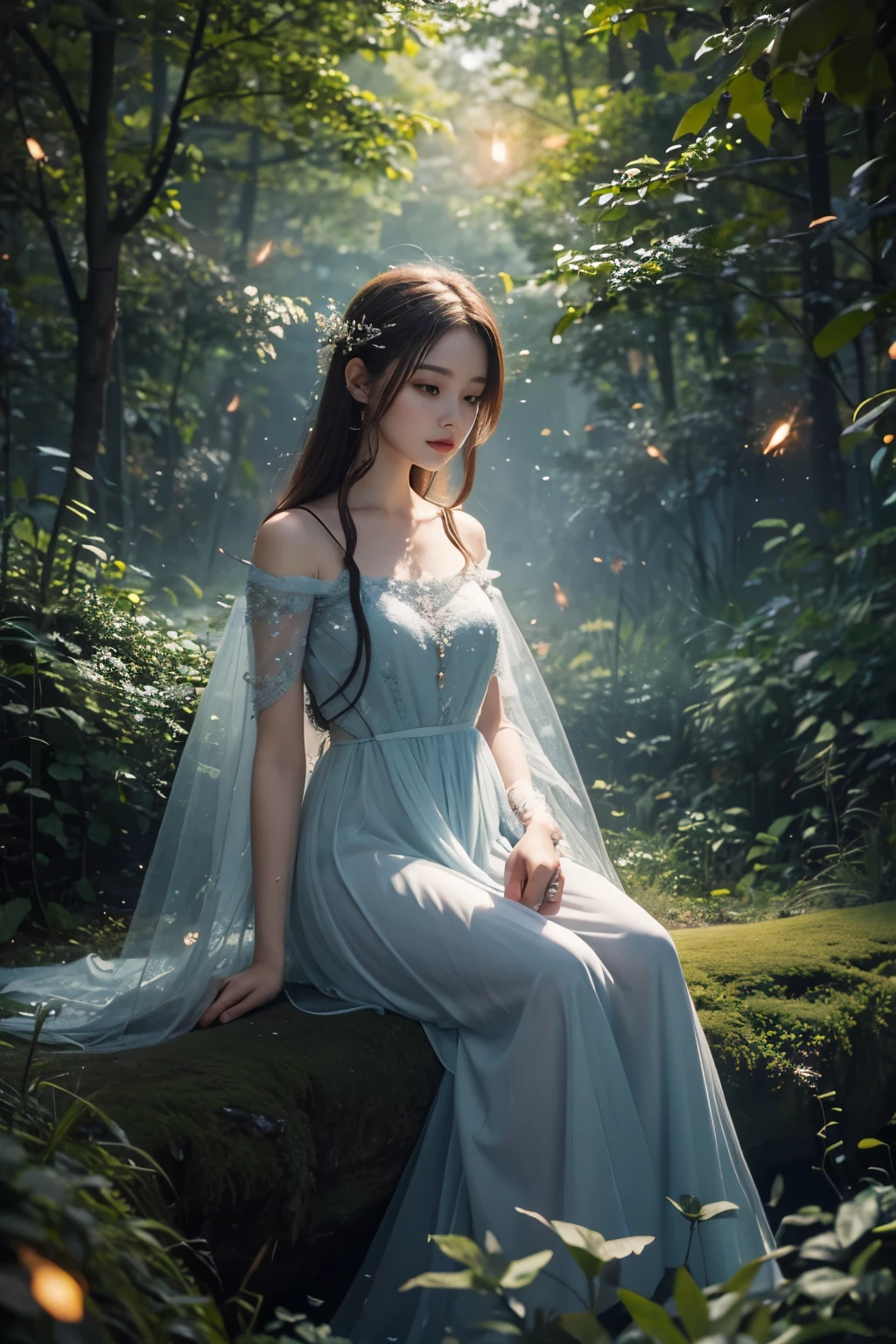 Beautiful fairy, surrounded by fireflies, ethereal and dreamy atmosphere