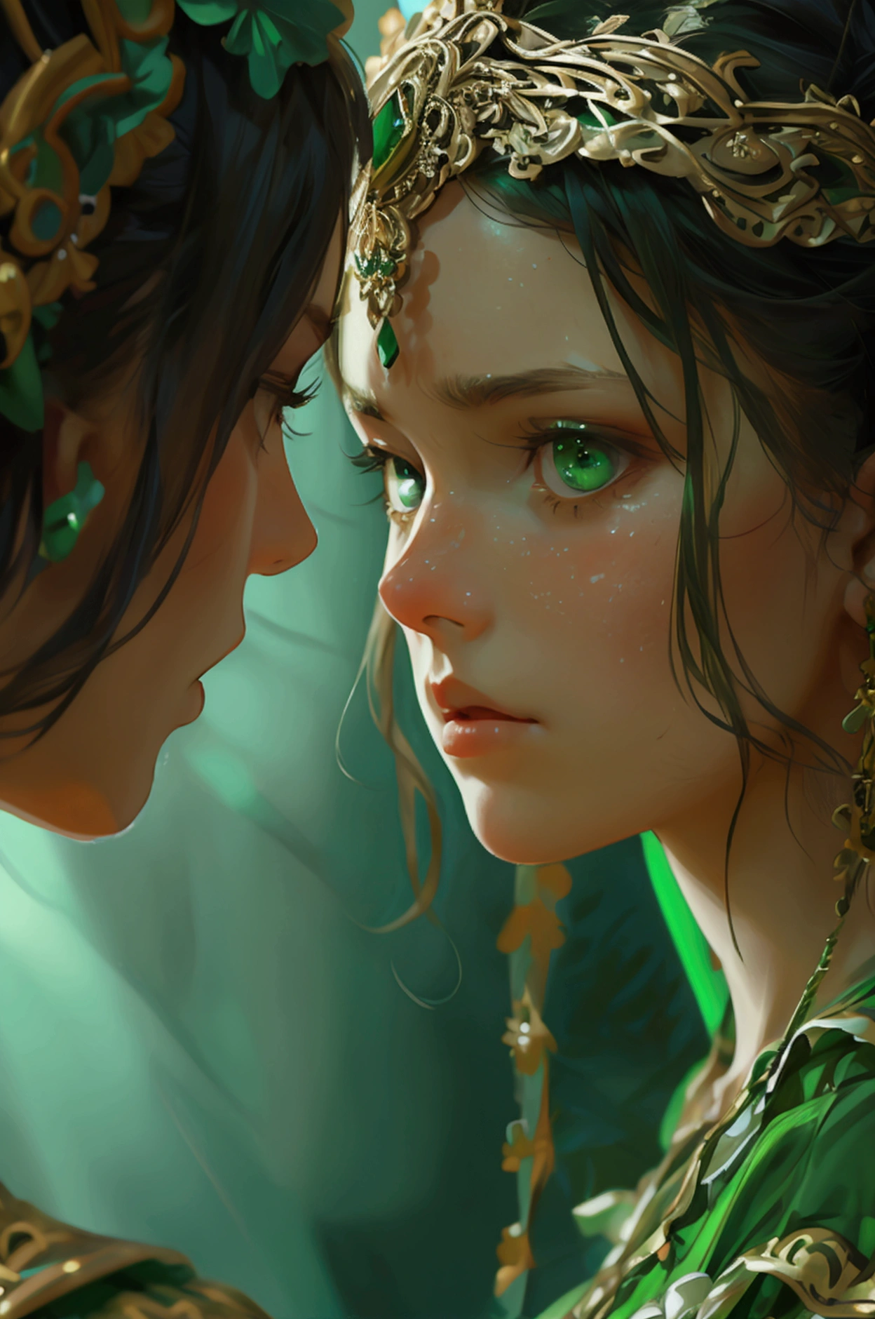 a girl in green dress attack on anther girl, like they are fighting, face is full of expresions