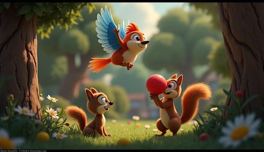 Create in 3d animation style for the kids of  group of 3-5 yeaBenny the Bird Flies Down  
   "A colorful bird named Benny, with vivid feathers, descends from the sky. The red ball is visible in the background, and Sammy the squirrel and Daisy watch with anticipation as Benny flies towards it, wings spread wide."
