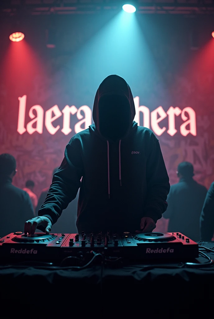 A DJ whose face is not visible and who wears urban clothing and who has the phrase appear somewhere "LaEraTimbera"