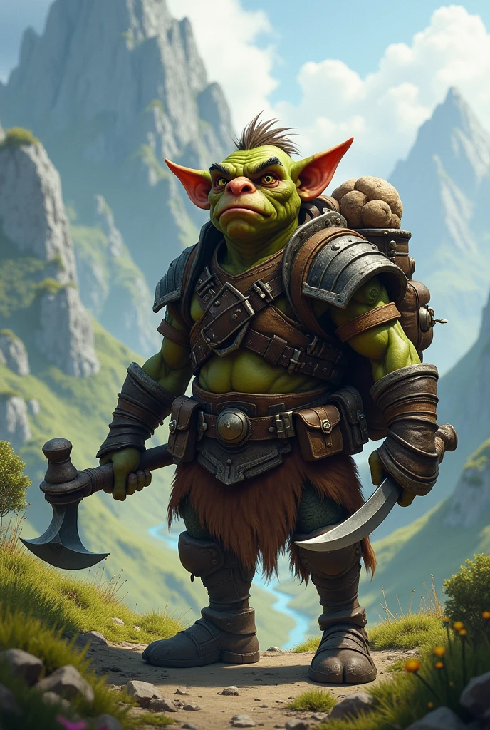 Draw a brave and manly goblin adventurer for a video game, Draw it not too tall 