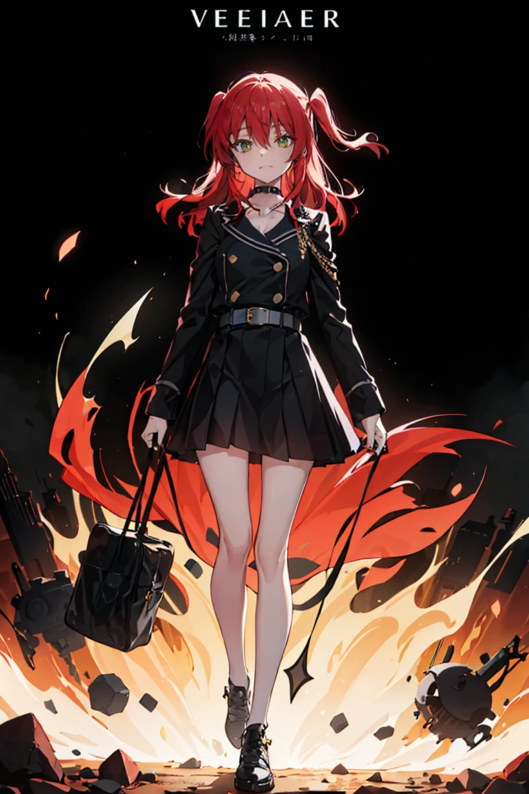 ((top-quality)), ((​masterpiece)), ((ultra-detailliert)), (extremely delicate and beautiful),(((Dramatic)))、(((gritty)))、(((vehement)))Movie poster featuring a young woman as the main character。hair between eyes, long hair, one side up, red hair、Magazine Art、She wears stylish and edgy clothes、Stand confidently in the center of the poster。Dressed in costume、white background, simple background.、Feeling danger and intensity。The color palette is predominantly bright、studded with saturated bright colors.、It gives the poster a dynamic and visually striking look。a miniskirt、Uniforms、Black Choker, black horns, evil smile, green eyes, full body